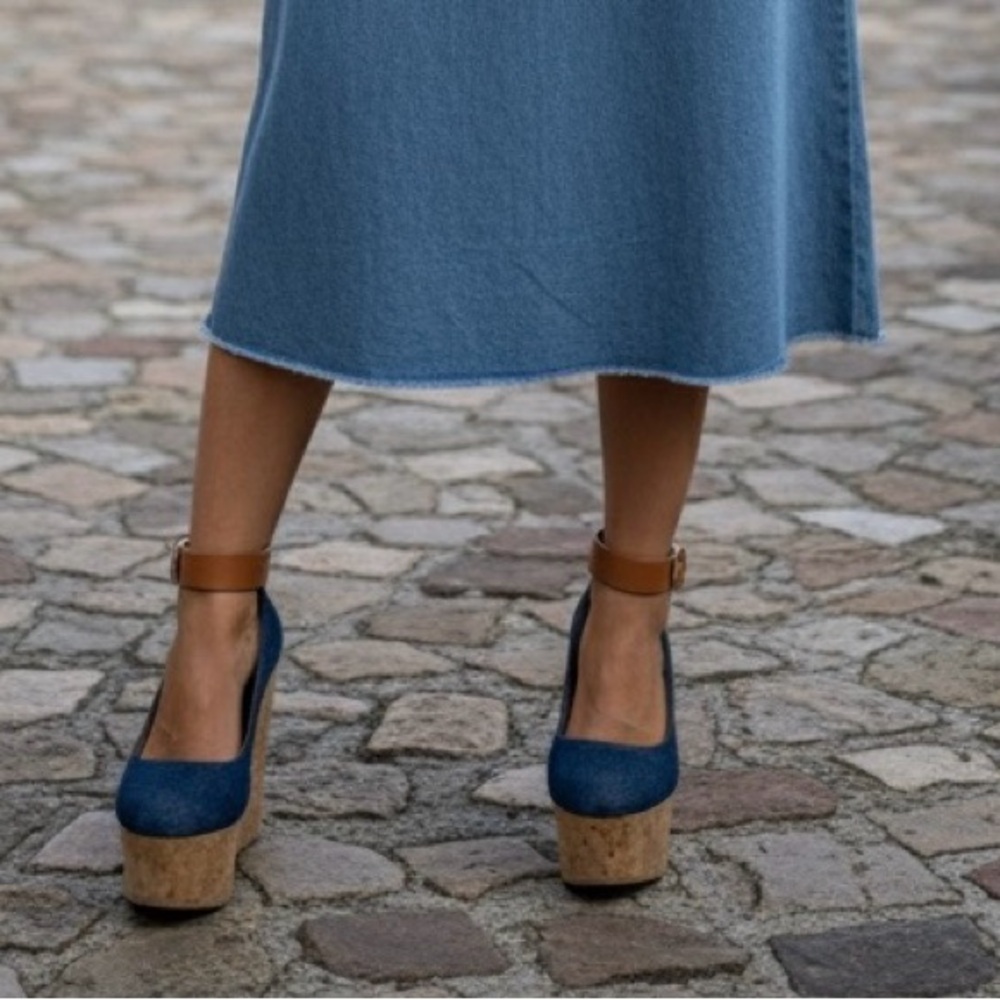 Sergio Rossi Denim Blue Platform Mary Janes with Tan Ankle Straps